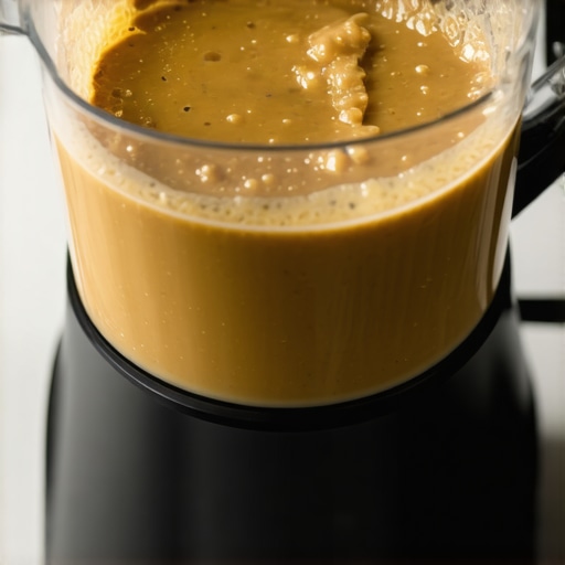 Close-up of a blender blending nut butter with creamy texture and sharp blades in a professional kitchen