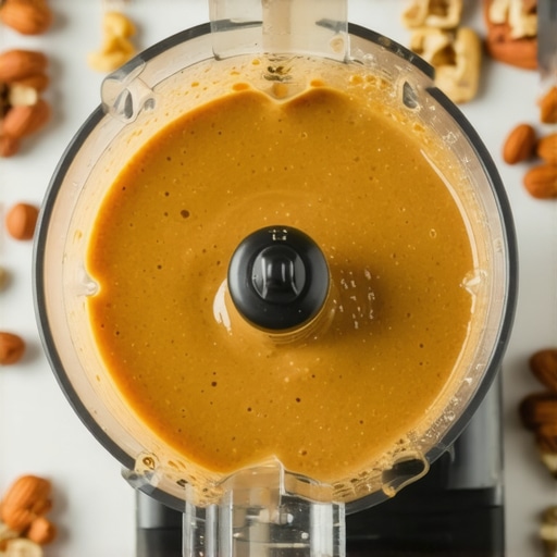 Homemade nut butter in a high-speed blender with nuts and ingredients around, showcasing smooth texture