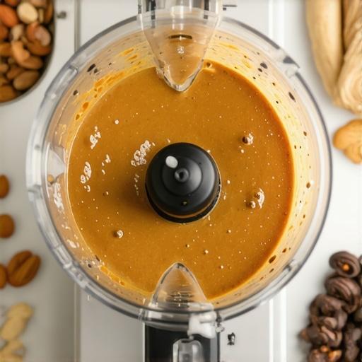 Close-up of high-speed blender making smooth nut butter with nuts and ingredients around