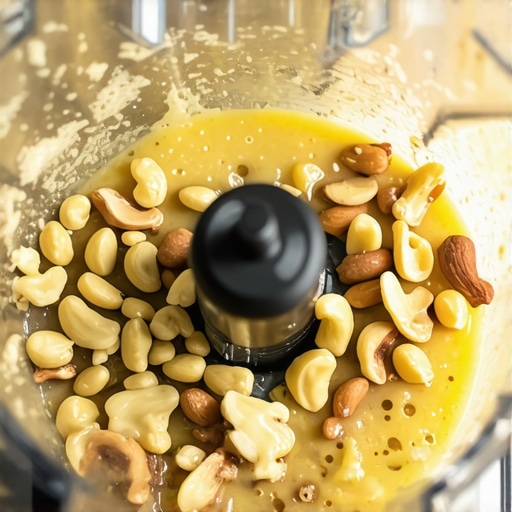 Close-up of blender blades processing nuts into creamy butter