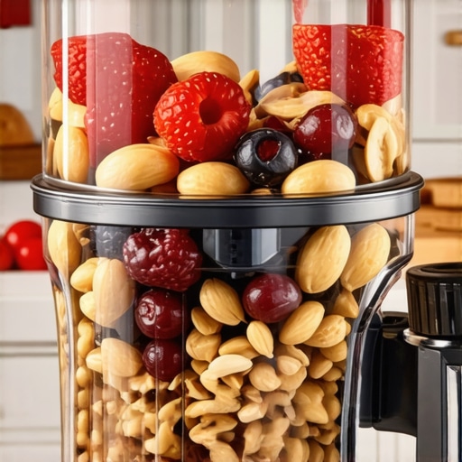 High-speed blender in action blending nuts and fruits for smooth recipes.