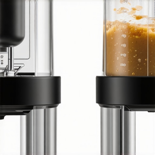 Close-up of a high-speed blender blending nuts and fruits at high speed.