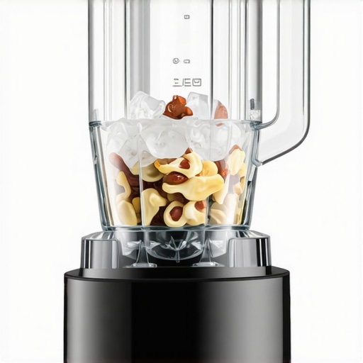 A blender in action crushing ice and blending nuts with focus on blades and motor