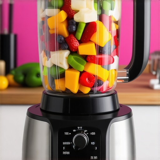 Close-up of a high-speed blender demonstrating variable speed settings with vibrant kitchen background