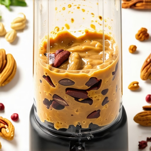High-speed blender processing nuts into creamy nut butter with surrounding ingredients