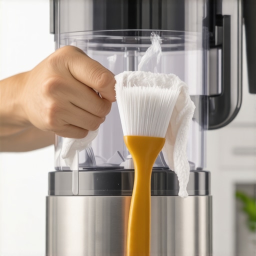 Person cleaning blender blades with brush and cloth