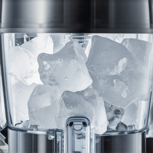A powerful blender blending ice with a visible vortex and sharp blades