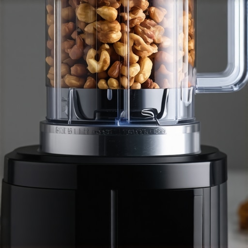 Powerful blender blending nuts and ice with vibrant kitchen background