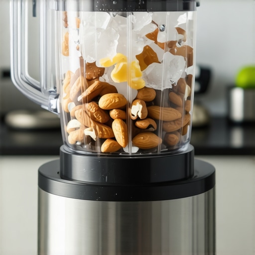 A powerful blender blending nuts and ice in a modern kitchen setting
