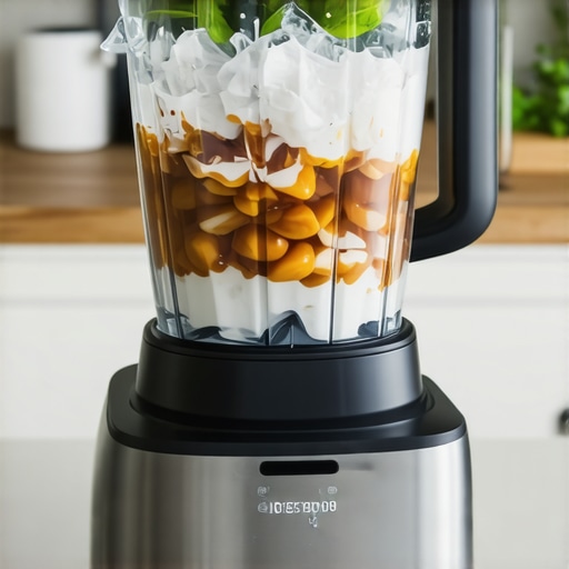 A powerful blender blending ice and nuts, showcasing blades and motor in a sleek kitchen