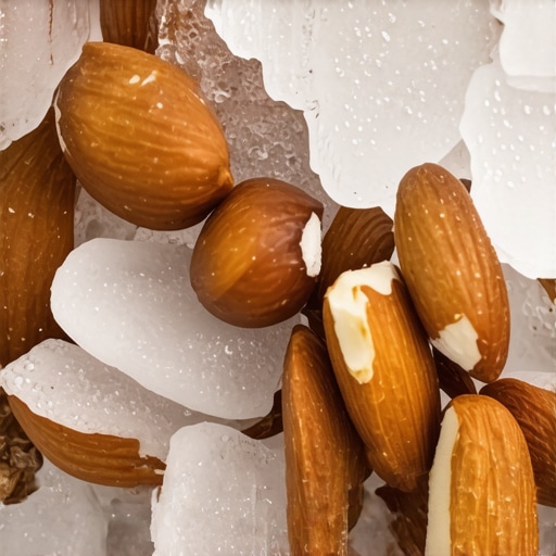 A modern blender blending ice and nuts with powerful blades and frosty texture
