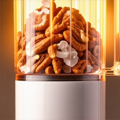 A modern high-speed blender blending nuts and ice with powerful blades.