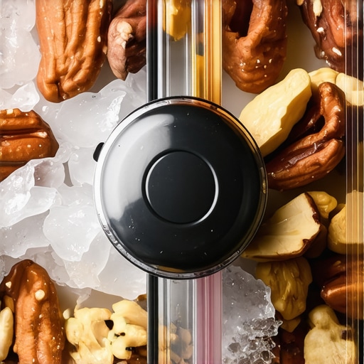 Close-up of blender blending nuts and ice with visible speed controls