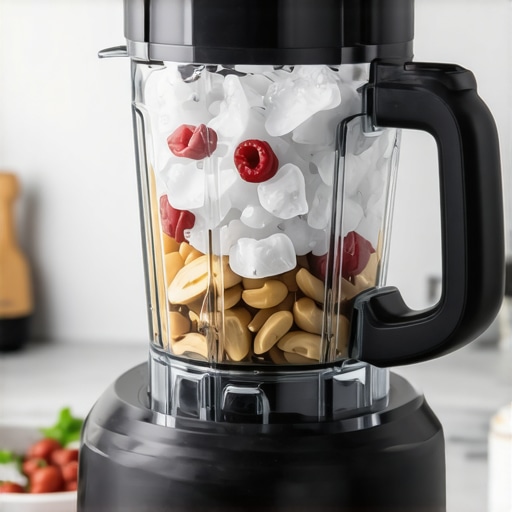Blender blades crushing ice and blending nuts in a modern kitchen.