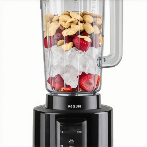 A powerful high-speed blender blending ice and nuts in a sleek kitchen