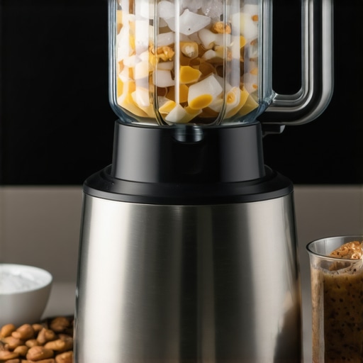 A powerful high-speed blender blending ice into snow and nuts into butter in a sleek kitchen