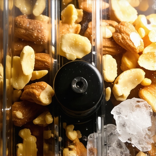 Close-up of a blender blending nuts and ice for smoothies