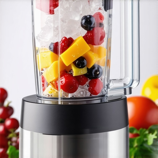 High-speed blender blending ice and fruits for smoothies in a modern kitchen