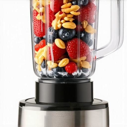 High-speed blender blending frozen berries and nuts with vibrant colors and motion blur.