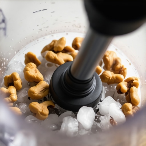 High-speed blender preparing a nut butter and crushed ice for smoothies.