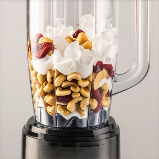 A modern high-speed blender processing nuts and ice with smooth motion.