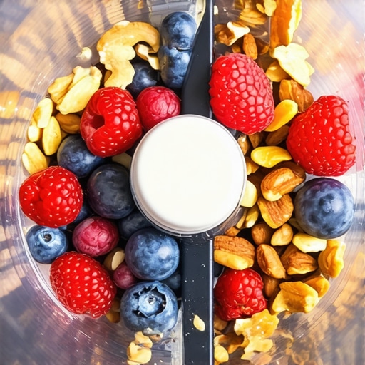 A high-speed blender blending frozen berries and nuts into a smooth mixture.