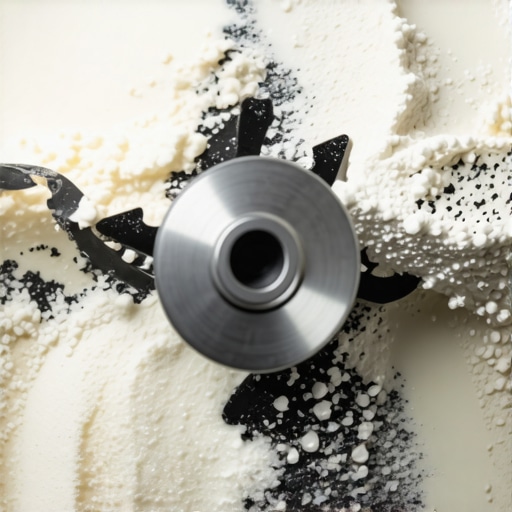 Blender blades processing ingredients with a visible vortex in a kitchen setting.