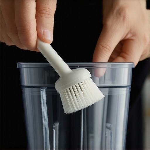 A person cleaning blender blades with a small brush in a modern kitchen.