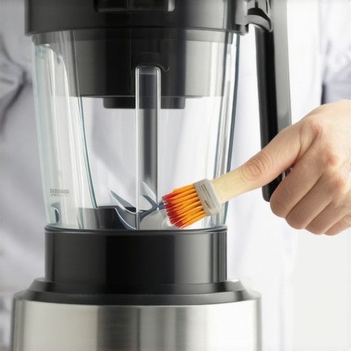 Person cleaning blender blades with brush and solution.