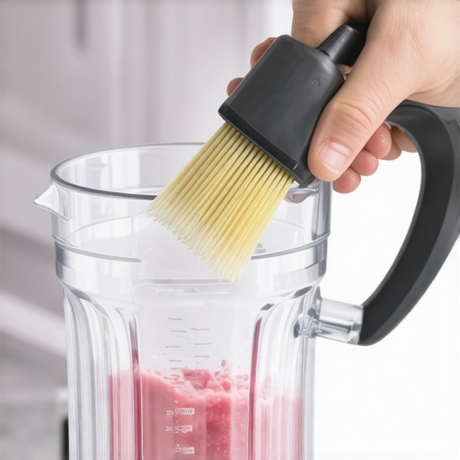 Person cleaning blender blades with a brush, highlighting proper maintenance techniques.