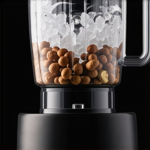 Powerful high-speed blender for nuts and ice A high-speed blender blending nuts and ice at high speed, illustrating its power and efficiency.