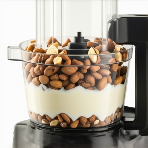 A close-up of a blender with nuts layered and ready for processing.