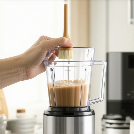 Person using a cleaning brush on a high-speed blender in the kitchen