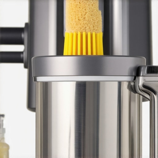 A person cleaning blender blades with brush and cleaning solution