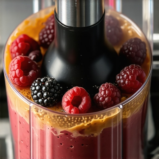 A blender with tamper blending frozen berries and nut butters seamlessly.