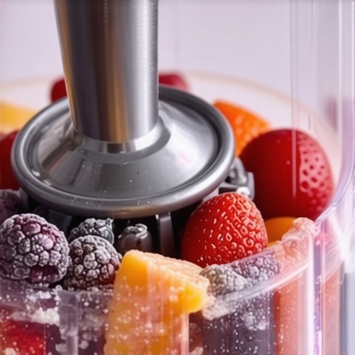 A blender demonstrates blending frozen fruit smoothly with tamper aid.