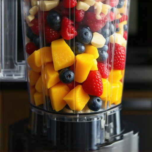 Close-up shot of a high-performance blender processing frozen fruit and nuts