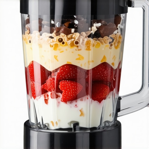 Close-up of a high-speed blender showing layered ingredients and control panel